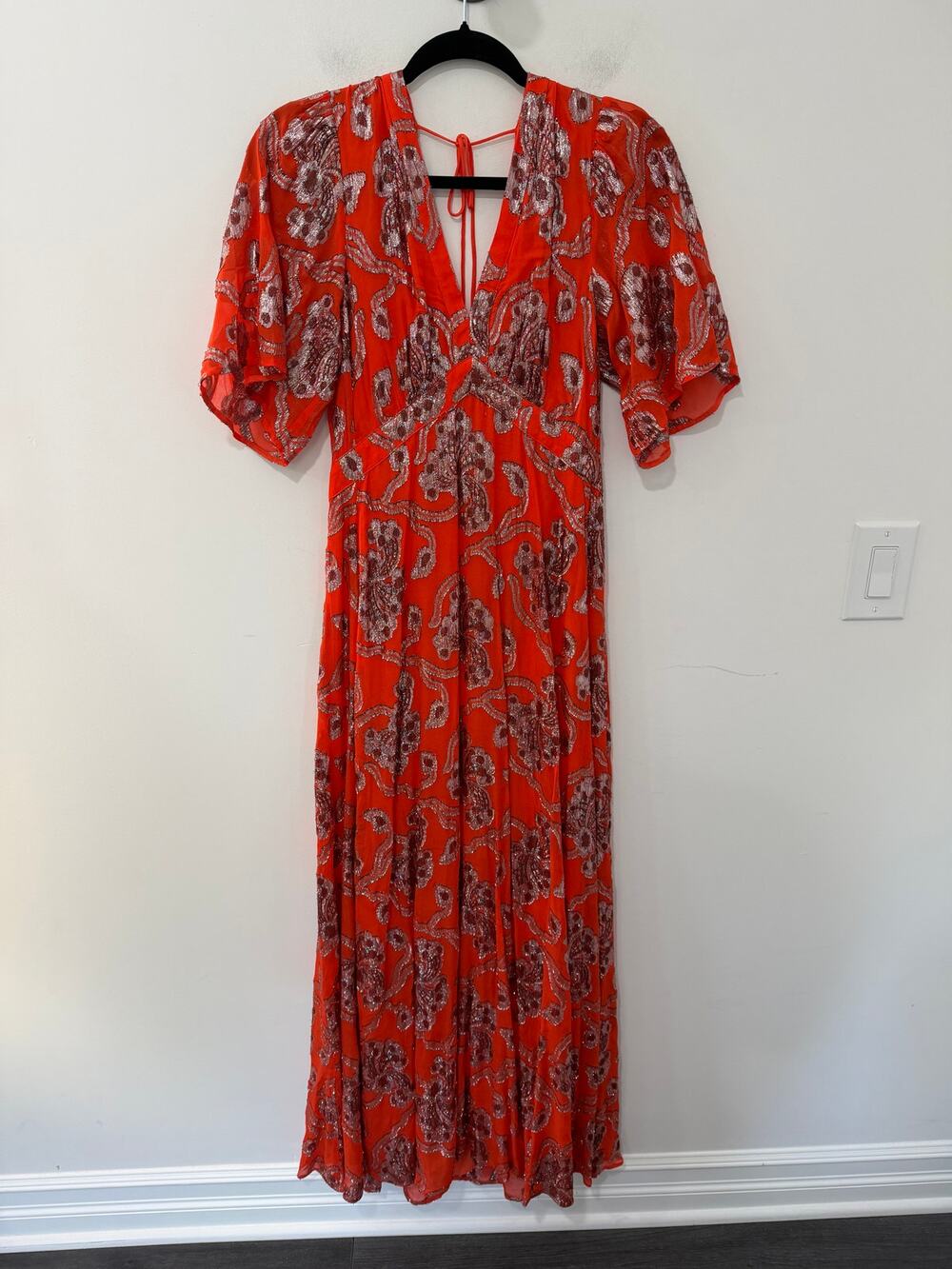 BA&SH Lady Dress Maxi Orange Metallic Jacquard Size 1(S)
